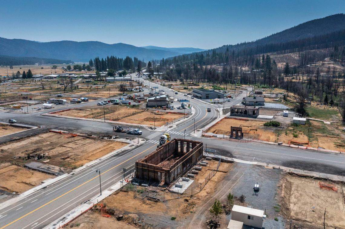 An aerial view shows what downtown Greenville looks like on Thursday, nearly one year after the Dixie Fire destroyed much of the small Plumas County town.