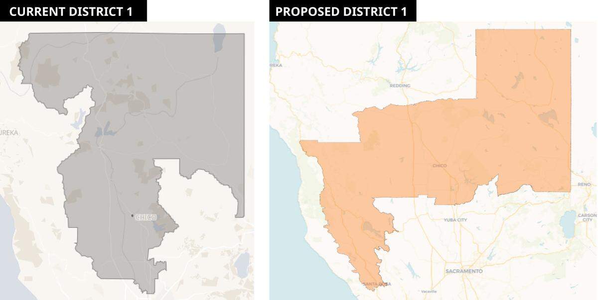 Under the proposed redistricting plan, Doug LaMalfa’s District 1 would shift south and west.