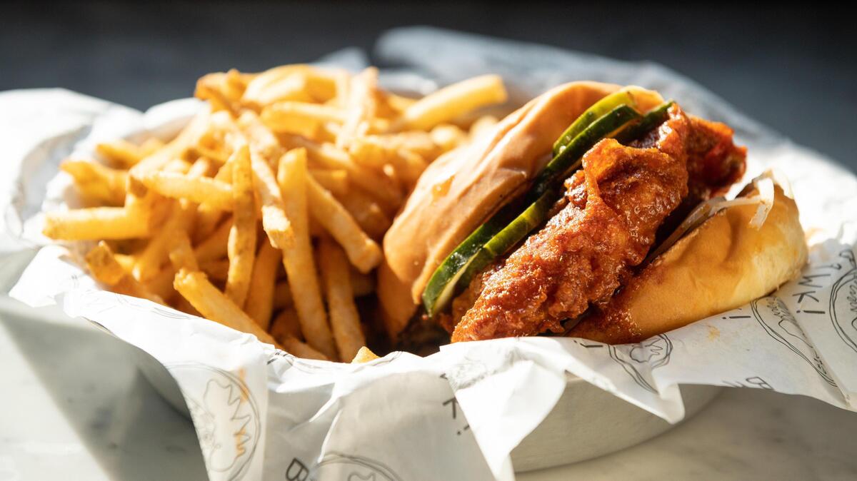 Bawk Fried Chicken offers the Nashville hot fried chicken sandwich with pickles, onions and Bawk spread on a brioche bun. The restaurant has entered the Sac Hot Chicken Battle.