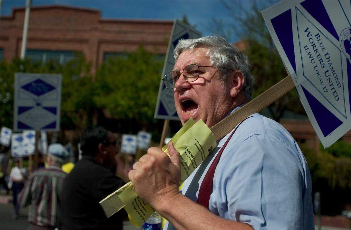 Bill Camp joins workers rallying in front of Blue Diamond headquarters in Sacramento in 2005. At the protest, Camp aimed to deliver a letter to management reminding the company that federal law protects their right to organize. Camp, who led the Sacramento Central Labor Council from 1999 to 2014 and left a lasting legacy as a champion of social justice and workers’ rights, died Sept. 23 at the age of 80.
