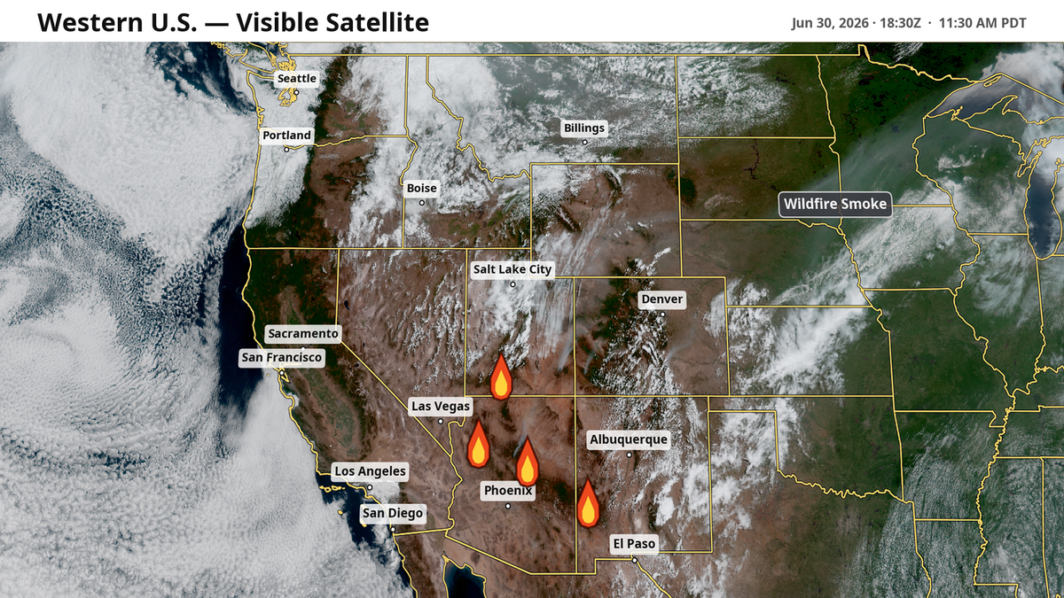 Satellite view of the western U.S. on Tuesday, June 30. Wildfire icons to show where active wildfires rage. Wildfire smoke can be seen drifting northeast, following the developing heat dome across the eastern U.S.