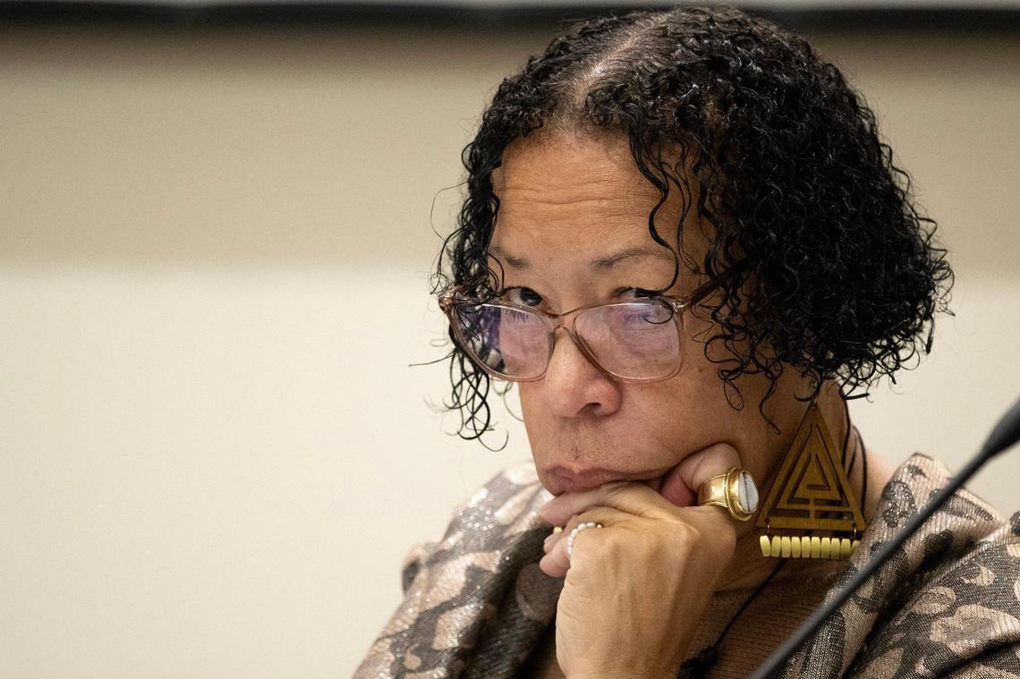 Reparations Task Force member Dr. Cheryl Grills listens during a task force meeting at the CalEPA Building in Sacramento on Friday. The group is studying reparations proposals for African Americans, with special consideration for U.S. descendants of enslaved persons.