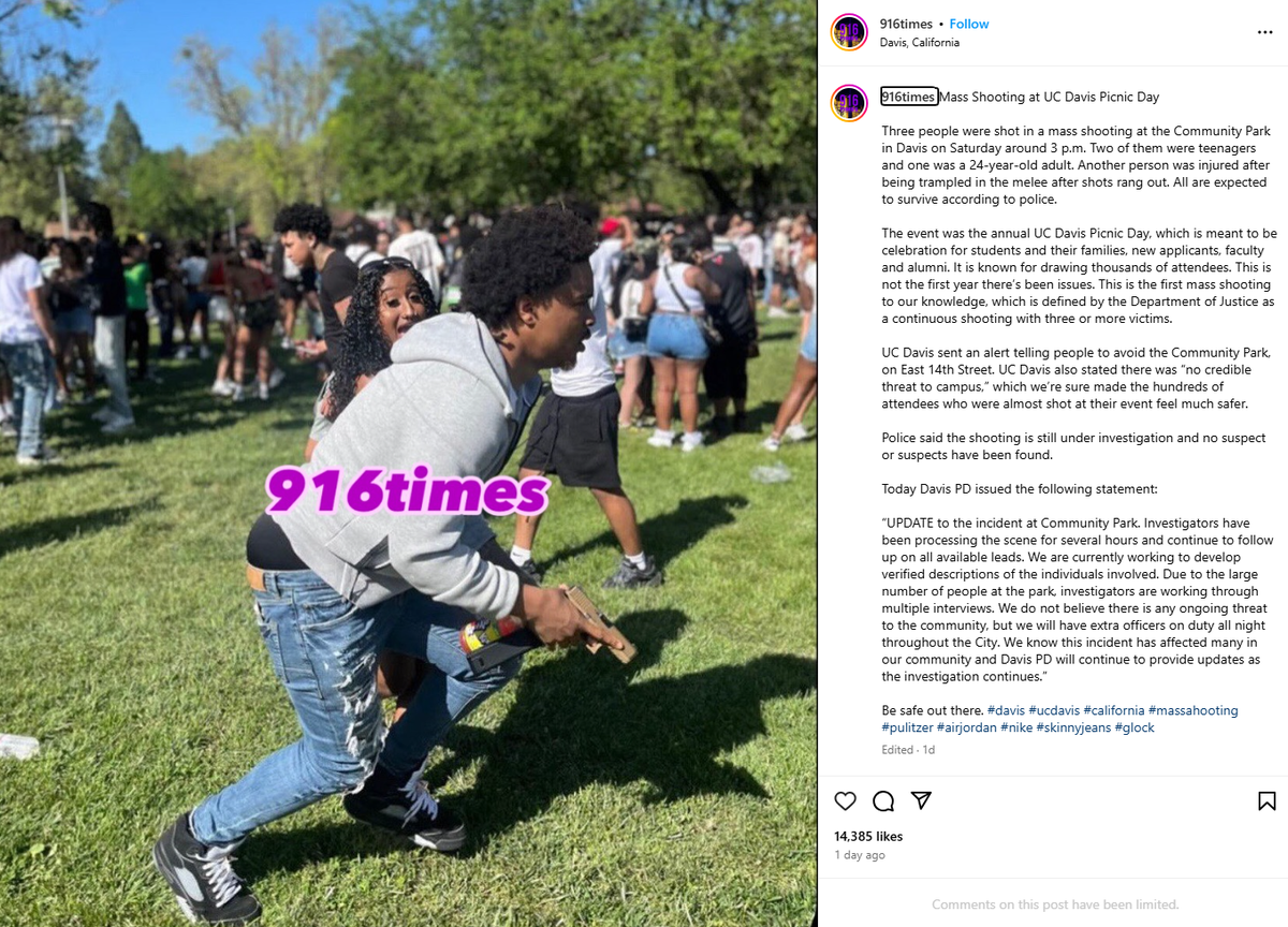 A screenshot of an Instagram post about the shooting at Community Park on April 12, 2025, by 916 Times, an account that lists itself as a Sacramento Grassroots news source. Davis police Lt. Dan Beckwith told the Davis Enterprise newspaper that the photo appeared to be a real image taken at Davis Community Park and was part of the department’s investigation.