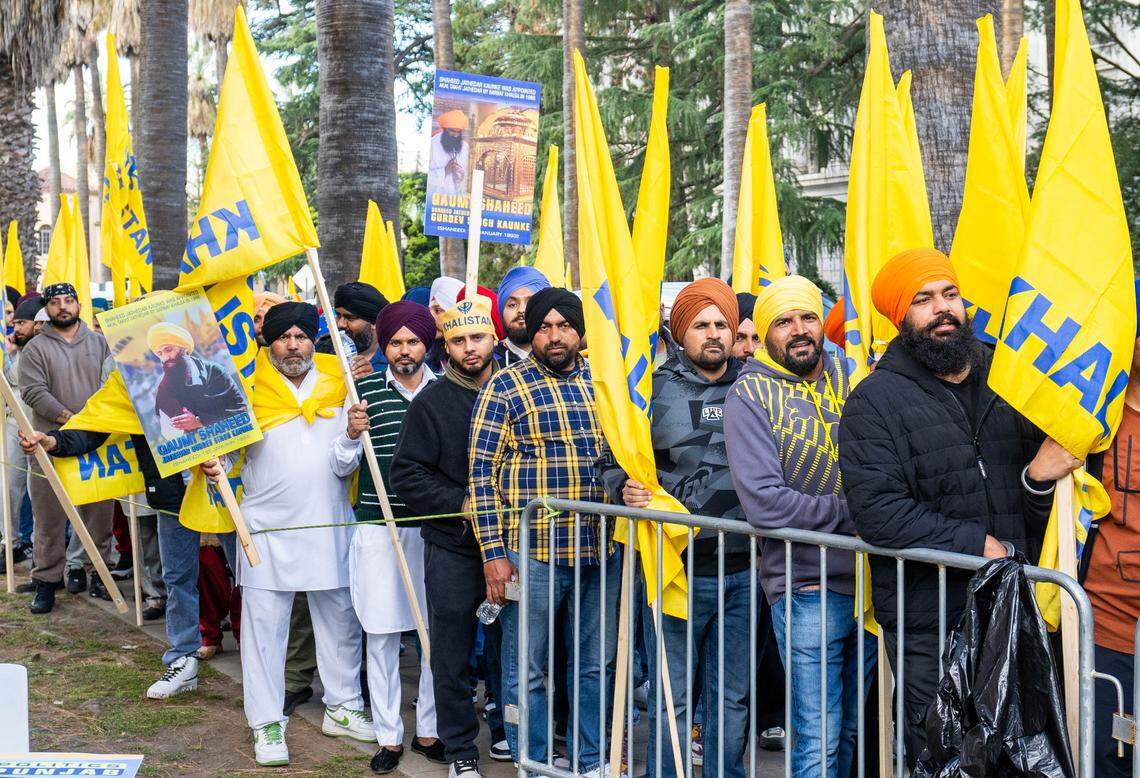 Sikhs stand in line to vote in the Khalistan referendum outside of the state Capitol on Sunday, March 31, 2024.