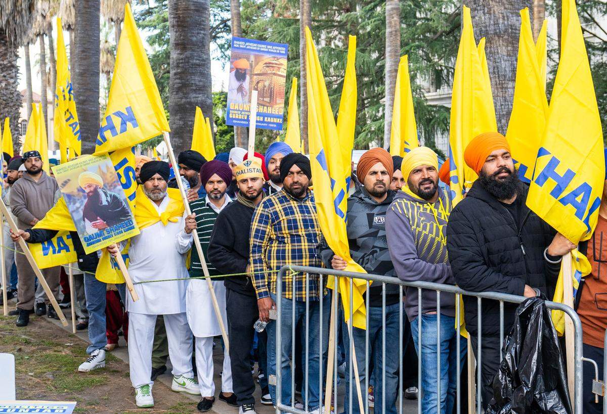 Sikhs stand in line to vote in the Khalistan referendum outside of the state Capitol on Sunday, March 31, 2024.