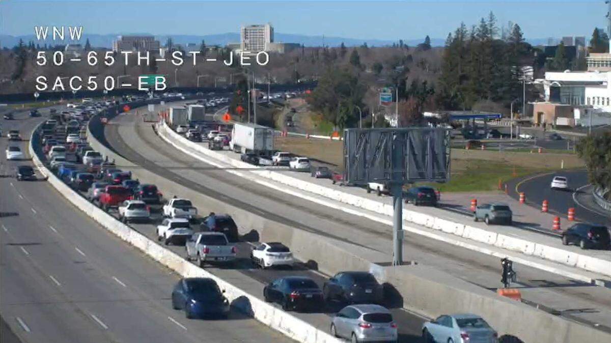 Traffic is seen on Highway 50 at 65th Street in East Sacramento after a collision involving a vehicle and several motorcyclists near Stockton Boulevard on Sunday, Jan. 12, 2024.