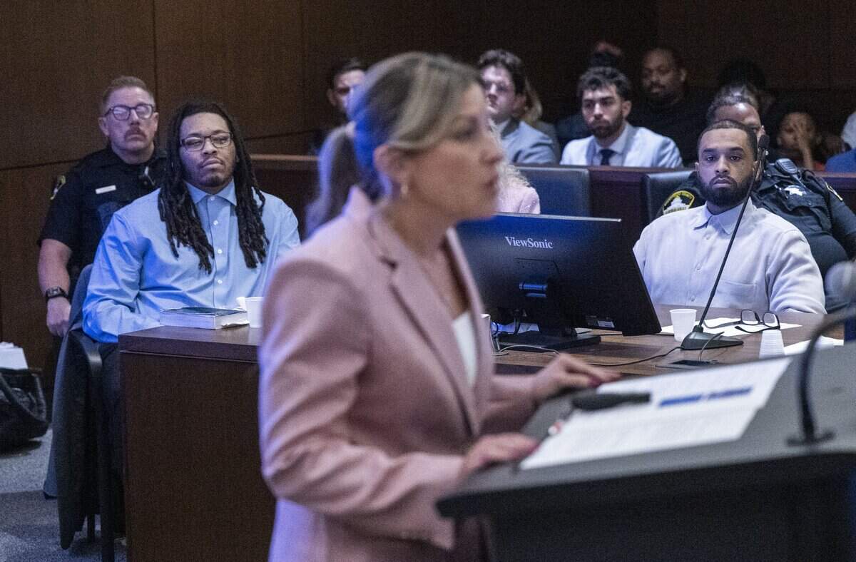 Sacramento prosecutor Megan Eixenberger makes her closing arguments in the K Street mass shooting trial as defendants Dandrae Martin and Mtula Payton watch in Sacramento Superior Court on Tuesday, June 23, 2026.