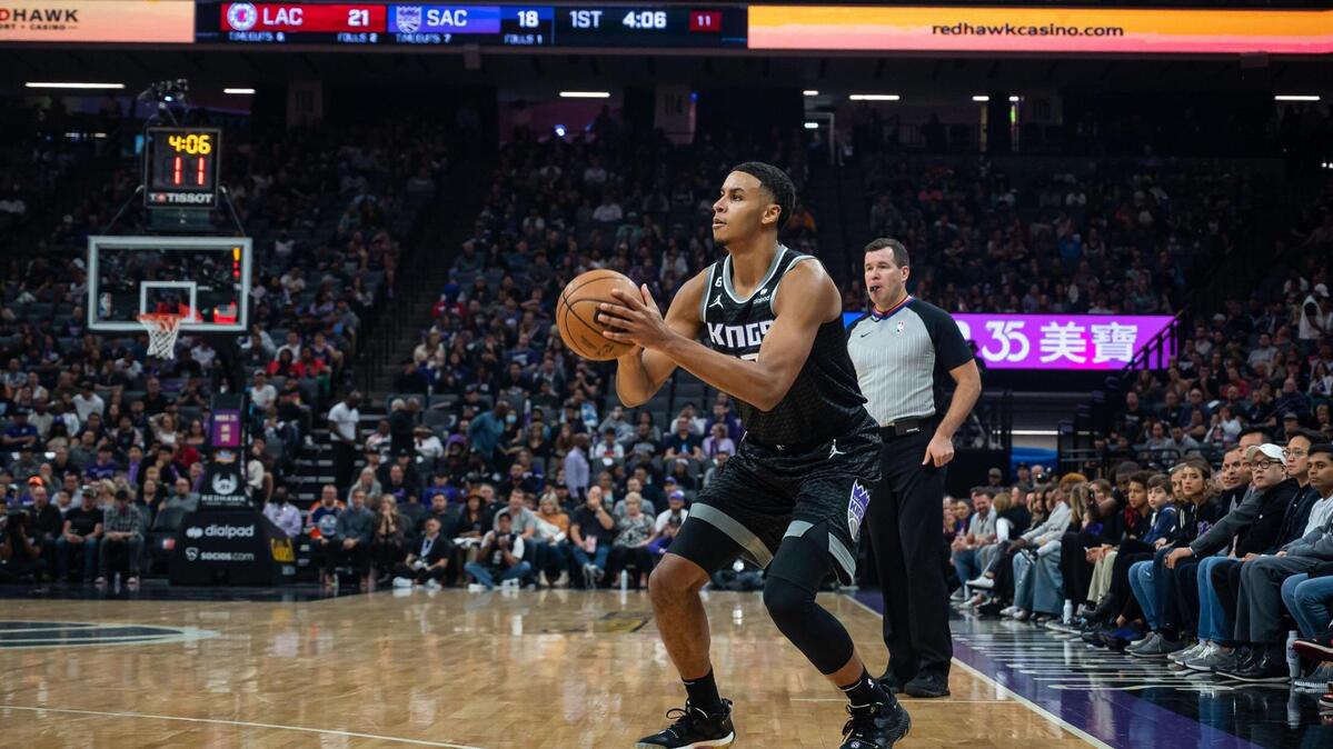 Sacramento Kings forward Keegan Murray (13) lines up to short and score his first NBA rookie-season points, a three point basket, during the first quarter of their basketball game against the Los Angeles Clippers on Saturday, Oct. 22, 2022, at Golden 1 Center in Sacramento.