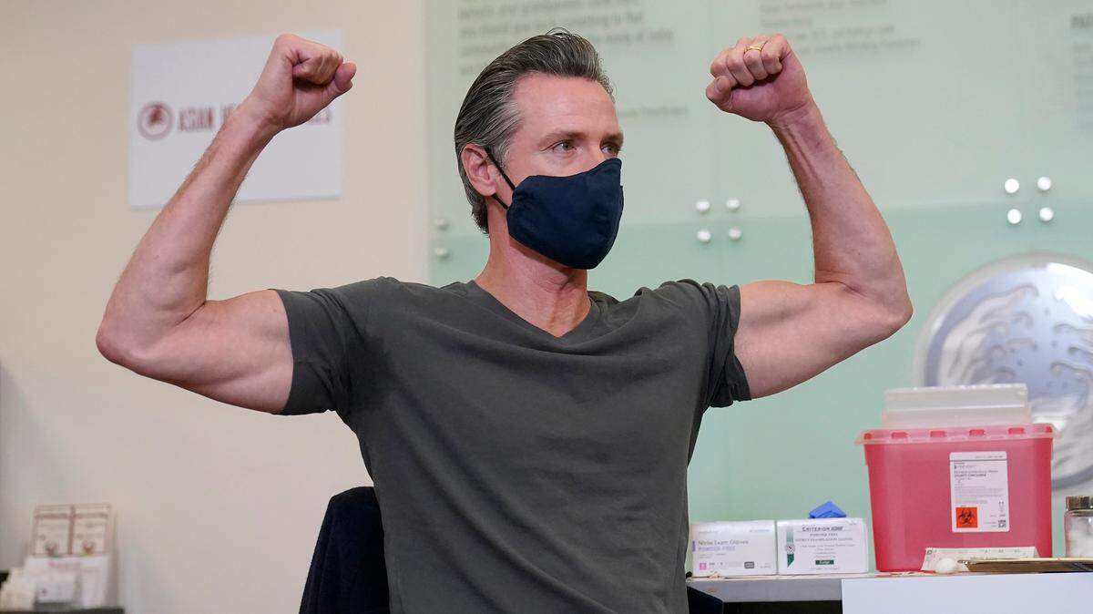 Gov. Gavin Newsom after receiving a COVID-19 vaccine booster at in Oakland last fall.
