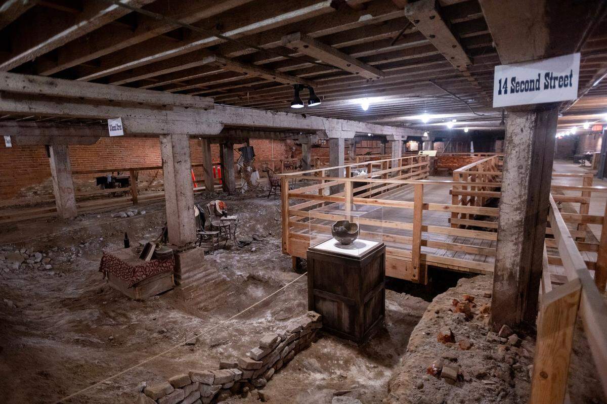 Artifacts from Old Sacramento in the 1800s are displayed on Aug. 23, 2024, in the underground area of the Hall, Luhrs & Company building.