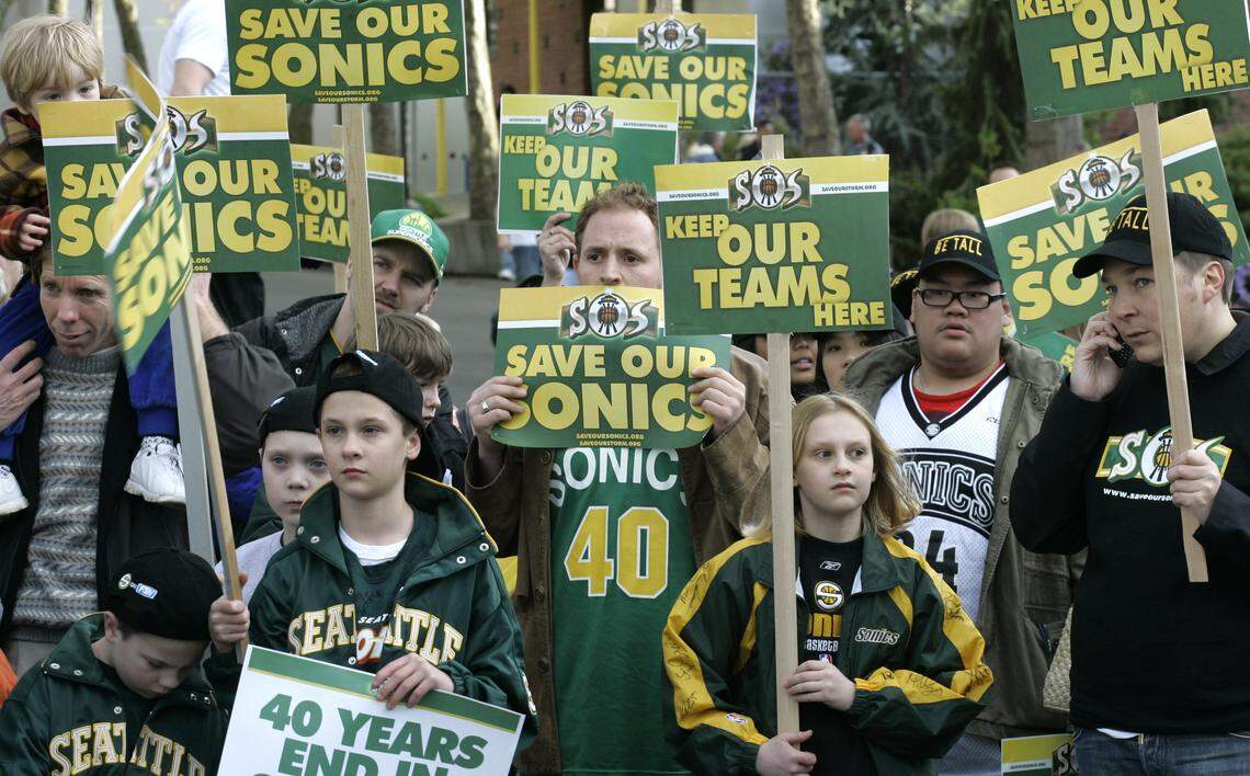 Seattle SuperSonics fans rally outside KeyArena on April 18, 2007 in Seattle.