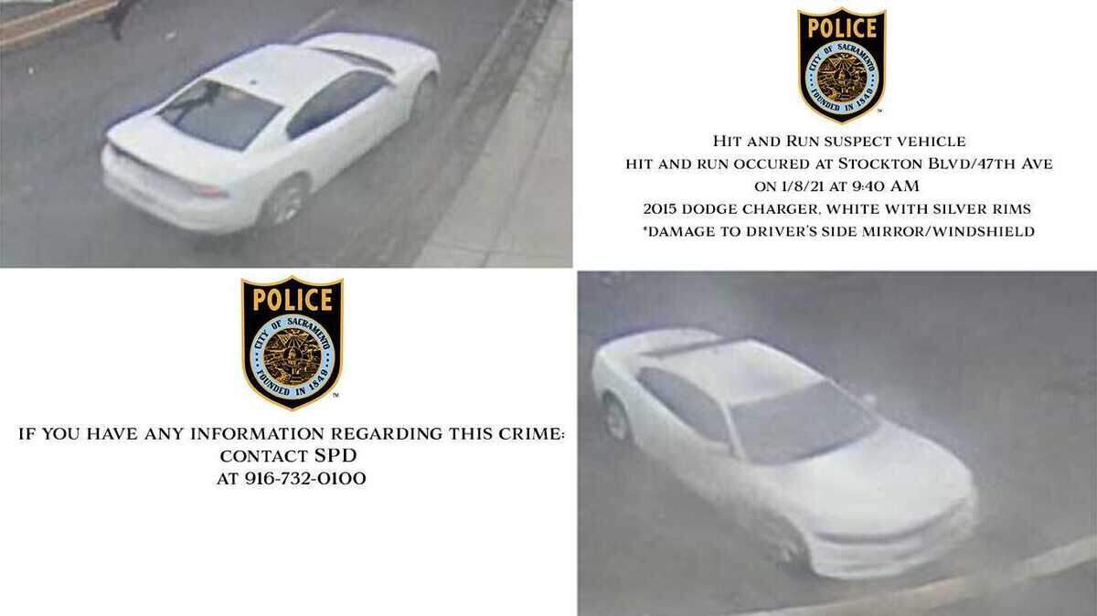 Police officials released photos of a white 2015 Dodge Charger they believe struck a pedestrian in a hit-and-run Friday Jan. 8, 2021, near Stockton Boulevard and 47th Avenue in Sacramento, California.