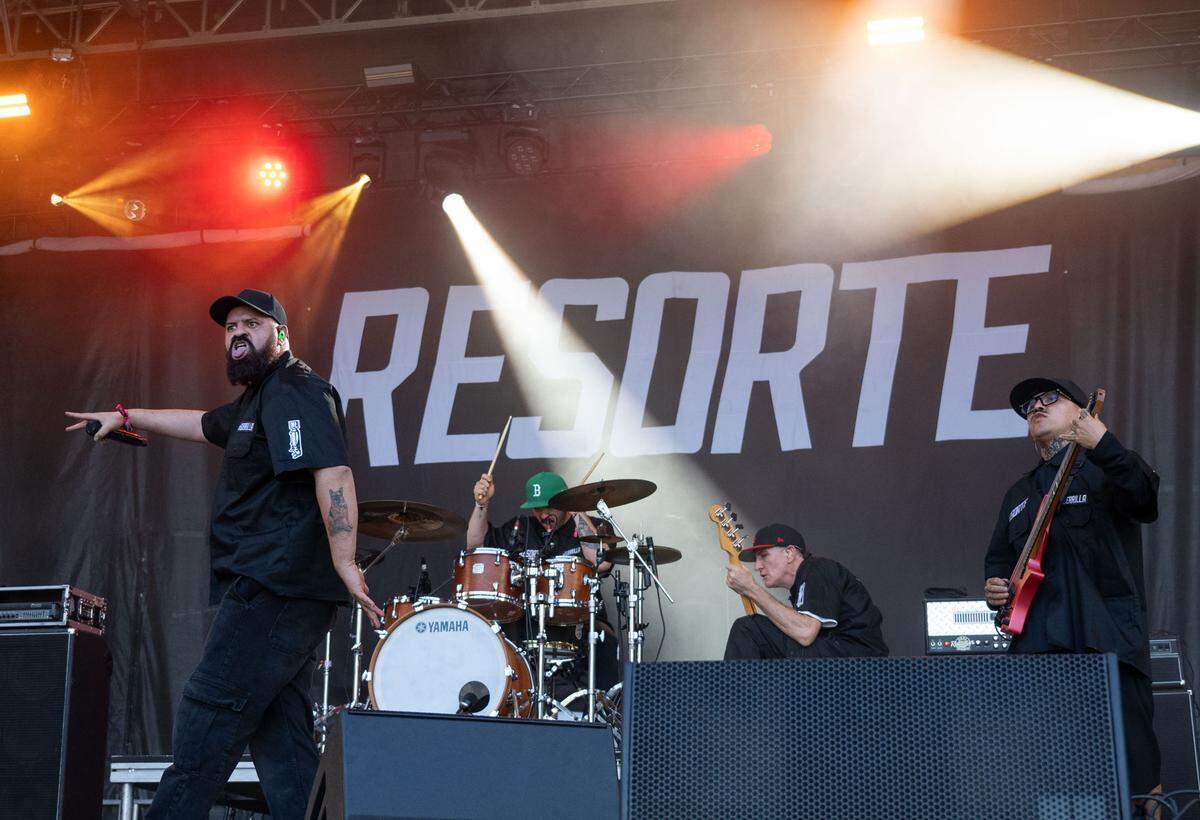 Mexican nü metal pioneers Resorte, lead by vocalist Pato Machete, left, perform at the Aftershock festival in Sacramento’s Discovery Park on Sunday.