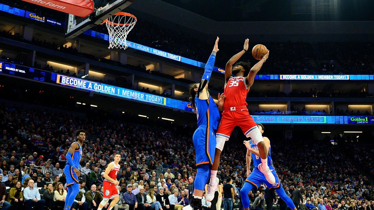 Sacramento Kings forward Marvin Bagley III (35) shoots over Oklahoma City Thunder center Steven Adams (12) during a game at Golden 1 Center on Wednesday, December 11, 2019 in Sacramento.