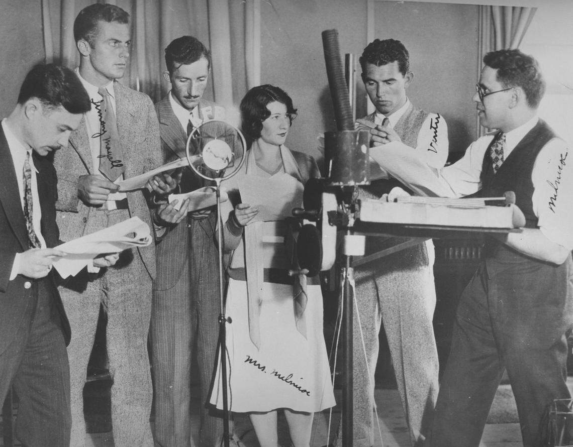 A KFBK radio program is produced in an early studio.