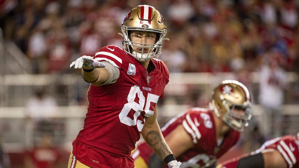 San Francisco 49ers tight end George Kittle (85) points up field in the third quarter during a game against the Cleveland Browns at Levi’s Stadium on Monday, Oct. 7, 2019 in Santa Clara.