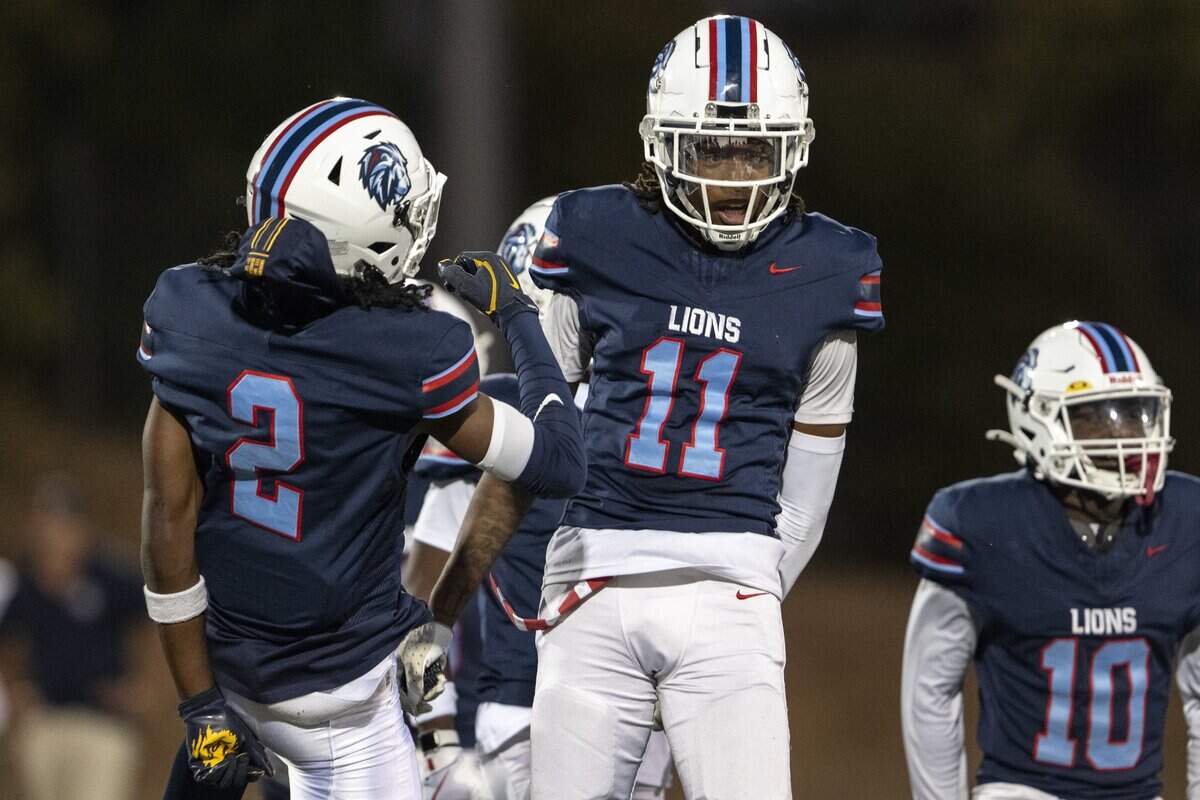 Destiny Christian Lions’ Antonio Johnson (2) and Destiny Christian Lions’ Jermell Green (11) celebrate after a play during the game between Destiny Christian Academy and Inderkum at Destiny Christian Academy in Rosemont on Friday.