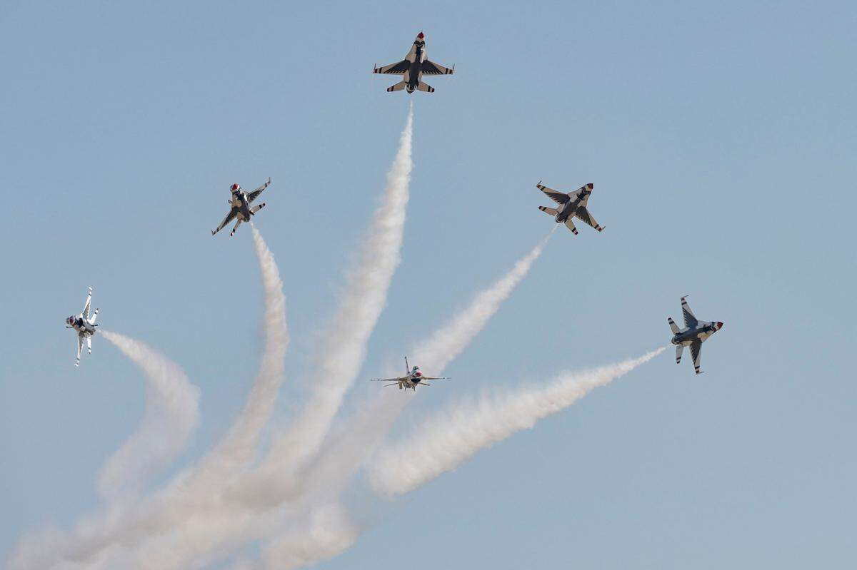 The U.S. Air Force Thunderbirds split off of formation while performing at the California Capital Airshow on Sunday, Sept. 24, 2023, at Mather Airport.