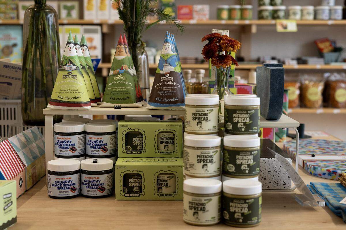 Locally produced items share shelf space with other gourmet foods at Superette on Monday, Dec. 1, 2025, in Sacramento.