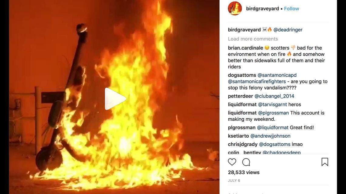 Pay-per-minute electric scooters deployed by companies such as Bird have prompted bans in some cities across the U.S., while in others critics are fighting back by burning and trashing the scooters - documented on BirdGraveyard on Instagram.