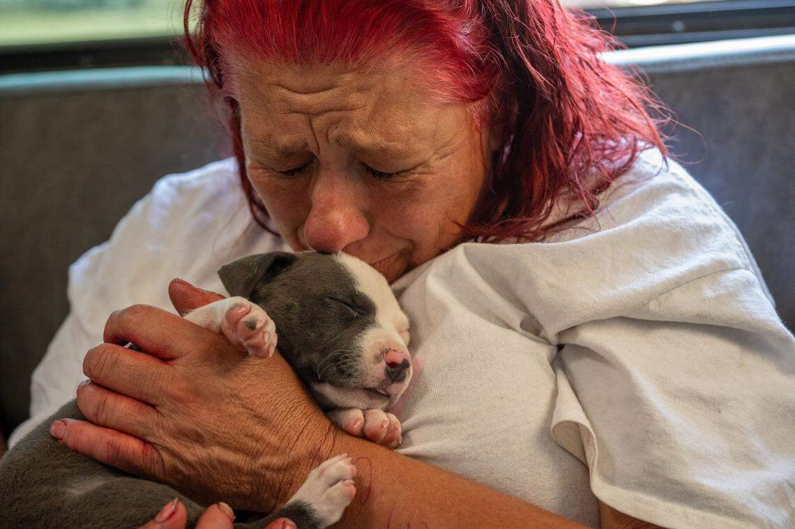 Twana James, a resident of Camp Resolution, breaks down in tears not knowing the fate of the puppy or the disabled residents on Sunday. “I can’t keep it,” she said. She said she hasn’t had any time to pack her belongings because she has been trying to help the most vulnerable residents with disabilities before Sacramento City homeless sweep on Monday. “I don’t know where I’m going to go, it’s dangerous out there,” she said.