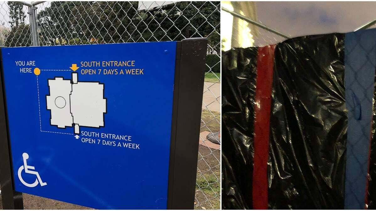 A newly erected sign at the state Capitol listed two south entrances to the historic building on Nov. 28, 2018. Informed of the problem, state officials initiated a “cover up.”