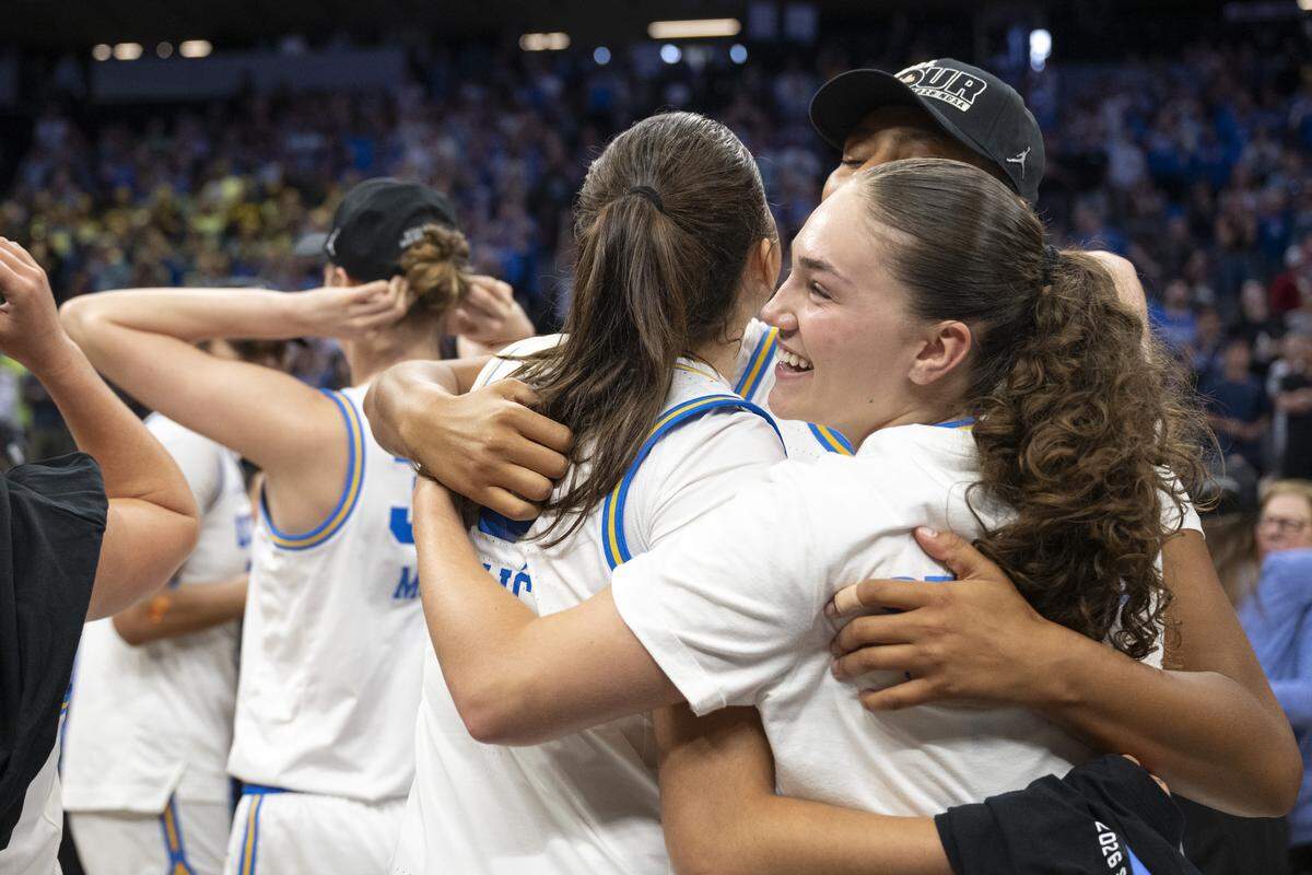 The UCLA Bruins react after winning the Sacramento Regional 2 as a part of the March Madness tournament at Golden 1 Center in Sacramento on Sunday, March 29, 2026.