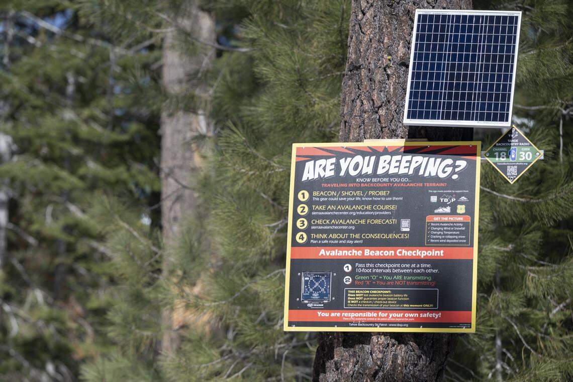 An avalanche beacon checkpoint at the Johnson Canyon trailhead near Truckee on Monday, Feb. 23, 2026.