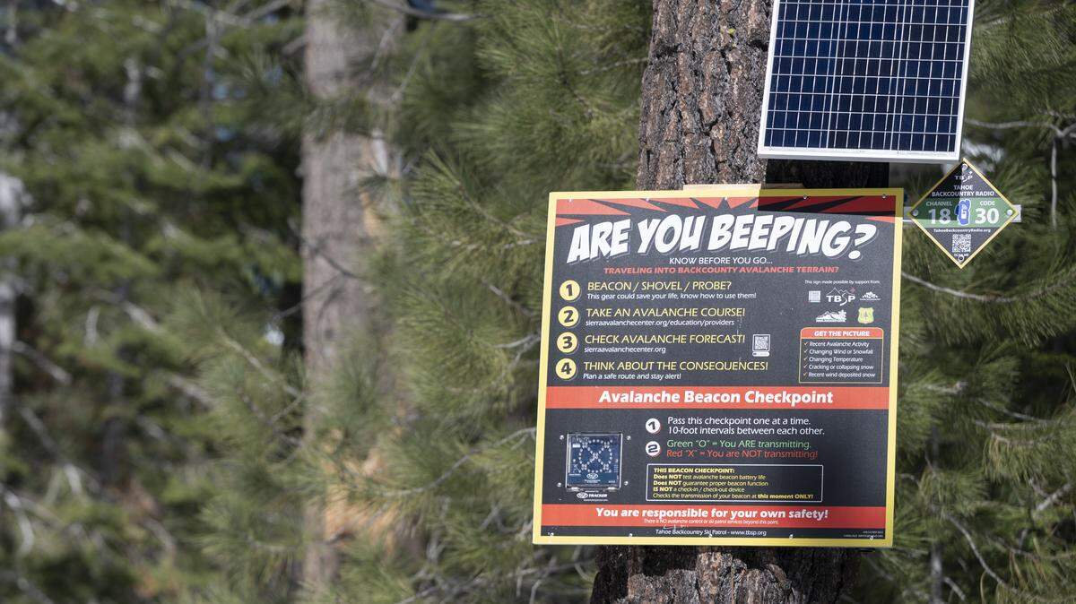 An avalanche beacon checkpoint at the Johnson Canyon trailhead near Truckee on Monday, Feb. 23, 2026.