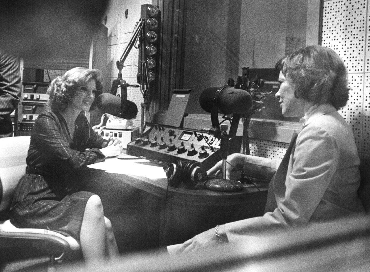 First Lady Rosalynn Carter, right, is interviewed by radio host Mary Jane Popp of KGNR News Radio, which broadcast at the time from a studio at 19th and W streets in Sacramento, on Oct. 13, 1980.