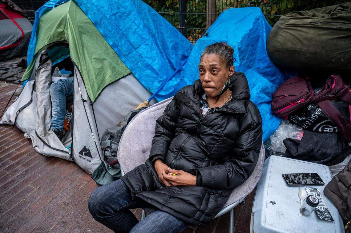Antoinette Hopkins, 53, who lives in an SRO with no refrigerator or stove, says on Oct. 12 she has lived in tents and shelters throughout her 15 years homeless in the Tenderloin neighborhood of San Francisco. She says she feels more comfortable with the people living in tents because she has known them a long time. She is positive about getting out of her SRO and getting a one bedroom apartment with her dog.