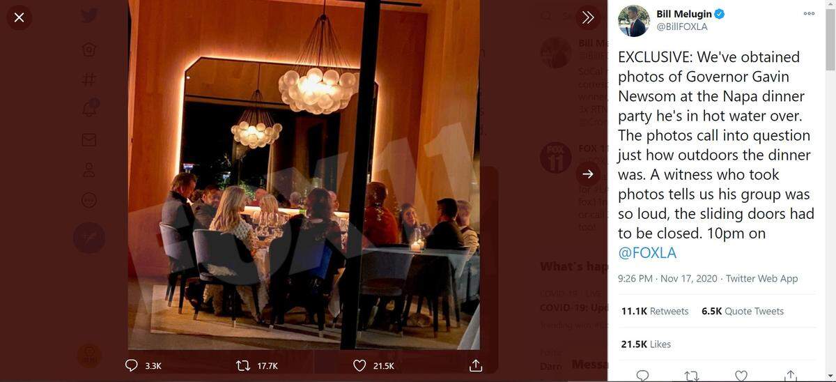 California Gov. Gavin Newsom is seen in this tweeted image apparently unmasked while attending a dinner earlier this month.