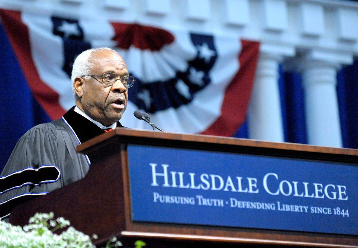 U.S. Supreme Court Associate Justice Clarence Thomas delivers the commencement address to the Hillsdale College graduating class in Michigan in 2016.