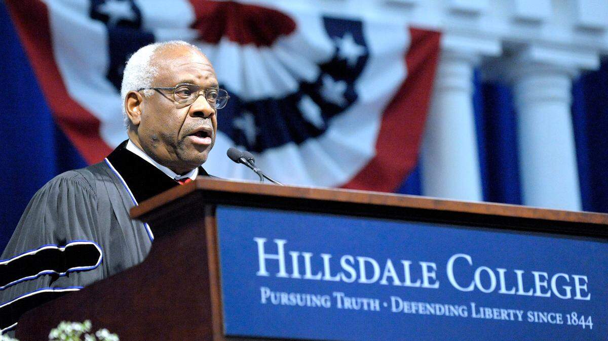 U.S. Supreme Court Associate Justice Clarence Thomas delivers the commencement address to the 2016 Hillsdale College in this file photo.