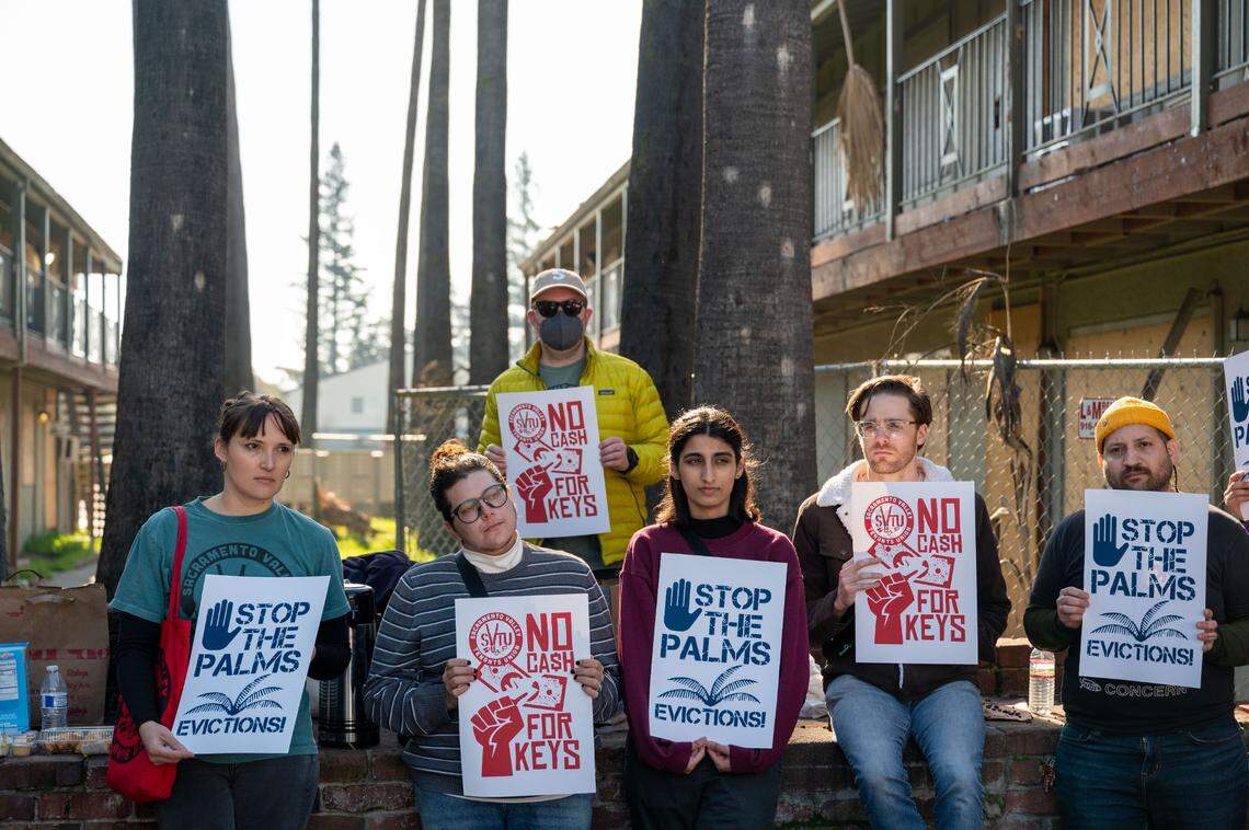 Tenants of the Palms Apartments protest with support of the Sacramento Valley Tenants Union last week on the one-year anniversary of a fire that destroyed half of the complex. They say they’re been living in dangerous conditions and repairs have made things worse.