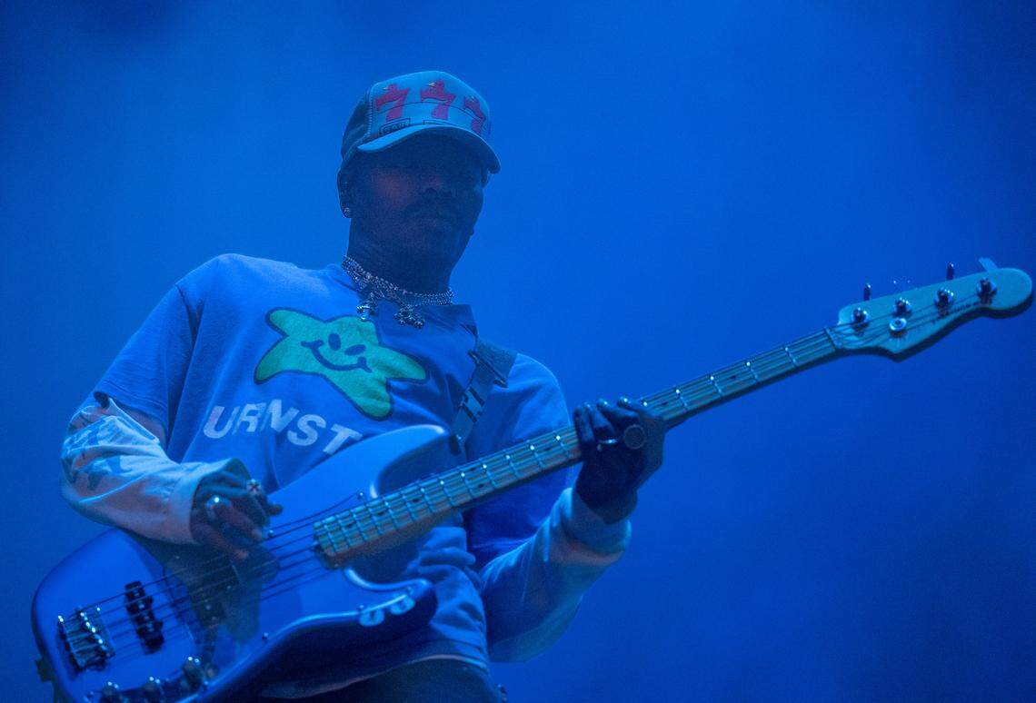 Turnstile bassist Franz Lyons performs during the Aftershock festival on Friday, Oct. 3, 2025, in Discovery Park in Sacramento.  