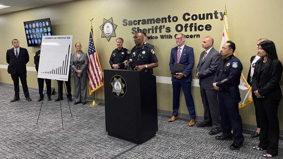 Sacramento County Sheriff Jim Cooper was joined by several law enforcement officials on Thursday, July 6, 2023, at the Sheriff’s Office headquarters to announce the results of a two-week undercover operation that led to the arrests of 23 people inan online child porn crackdown in Northern California.