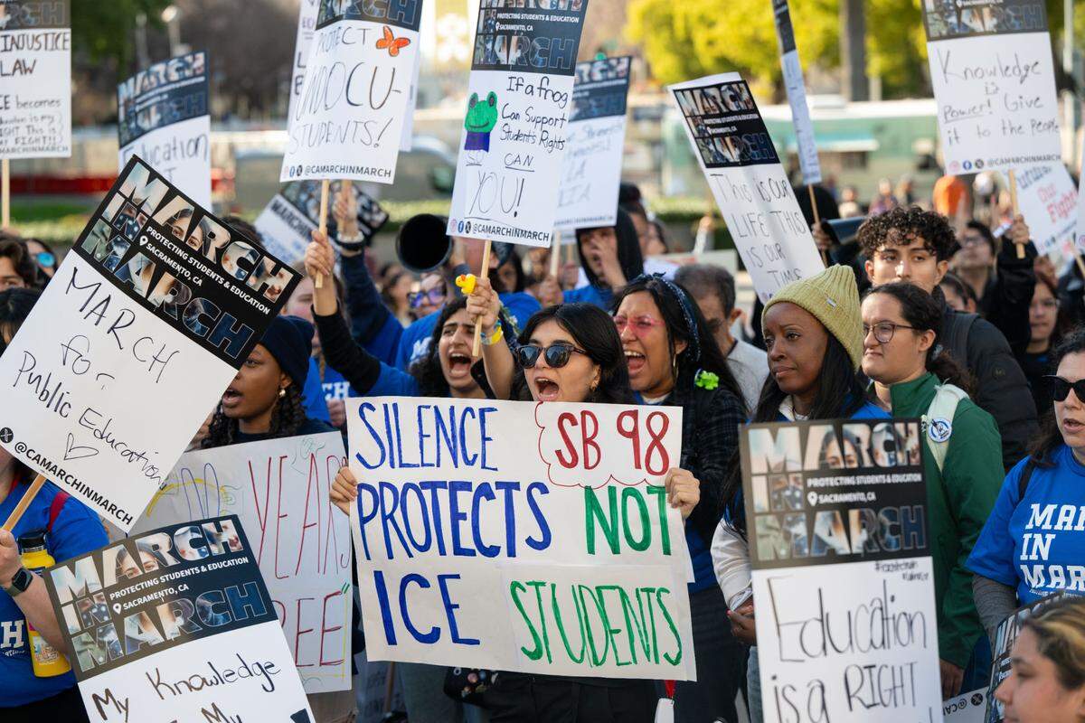 Protesters at the Capitol in Sacramento demand changes to California higher education accessibility, during a rally Tuesday organized by CFT, a labor union representing 120,000 public and private school teachers.