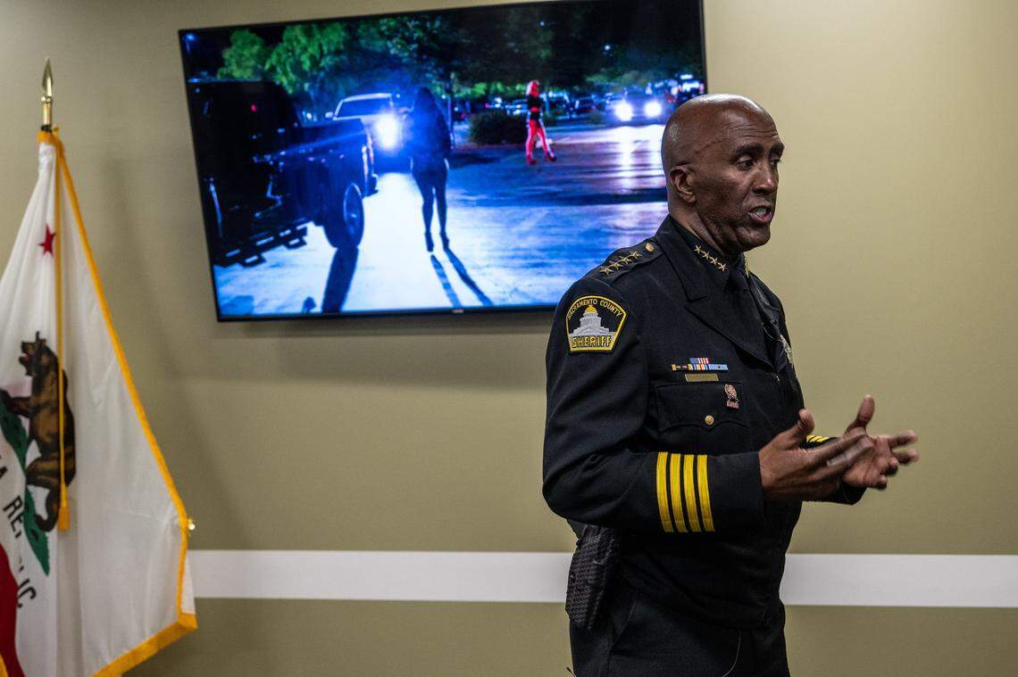 Sacramento County Sheriff Jim Cooper speaks at a news conference in April announcing the results of a large-scale operation combating human trafficking. Cooper last week in social media posts criticized retailers Target and Walgreens, claiming the corporations stopped deputies from carrying out planned operations at their stores.