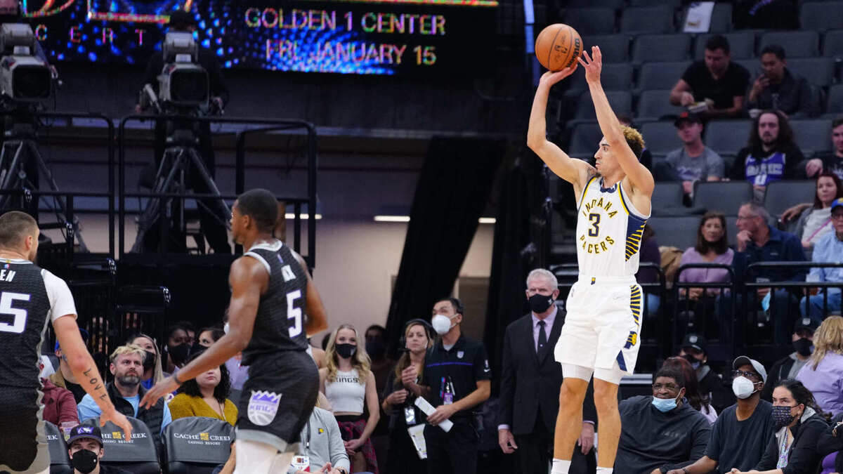 Nov 7, 2021; Sacramento, California, USA; Indiana Pacers guard Chris Duarte (3) shoots a 3-pointer against the Sacramento Kings during the first quarter Nov.. 7, 2021, at Golden 1 Center.