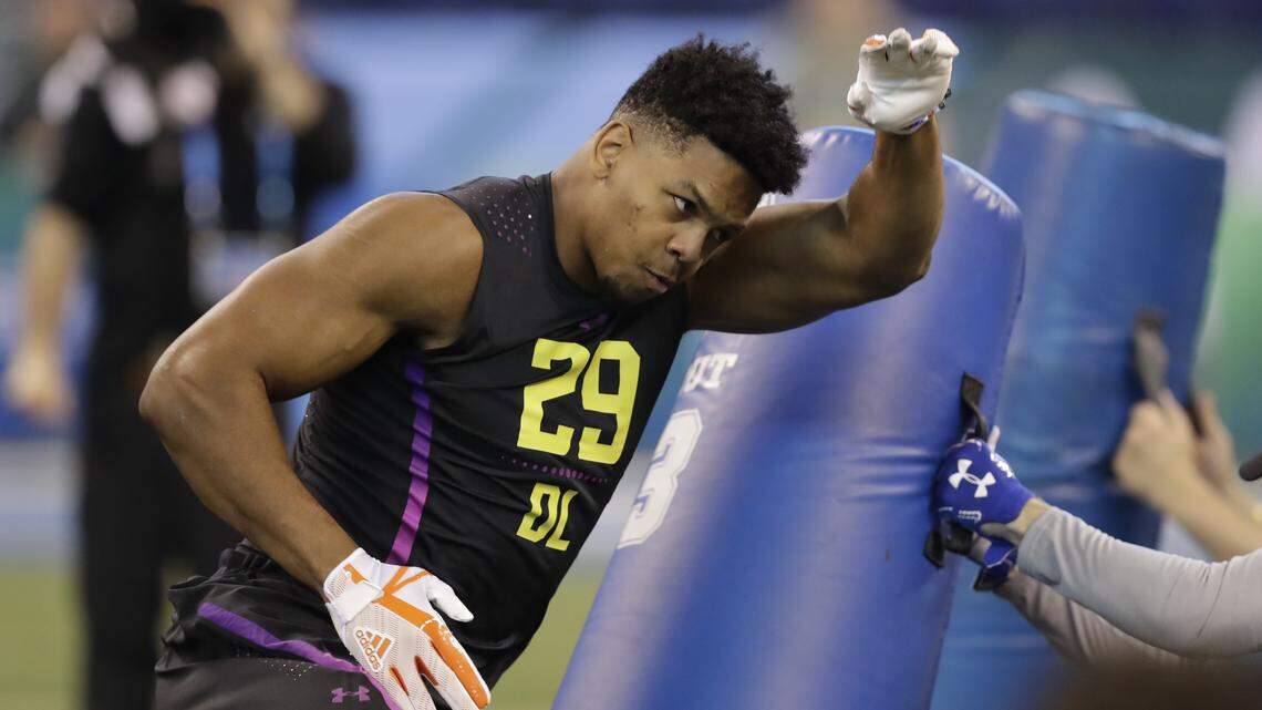 UTSA defensive lineman Marcus Davenport runs a drill during the NFL football scouting combine on Sunday, March 4, 2018, in Indianapolis.