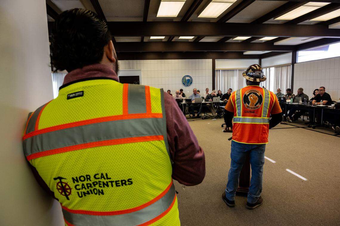 Union members speak to officials during a Sites Reservoir Project meeting in Maxwell on Friday. The board voted to finalize the contract with Barnard Construction, an out-of-state contractor that the unions oppose.