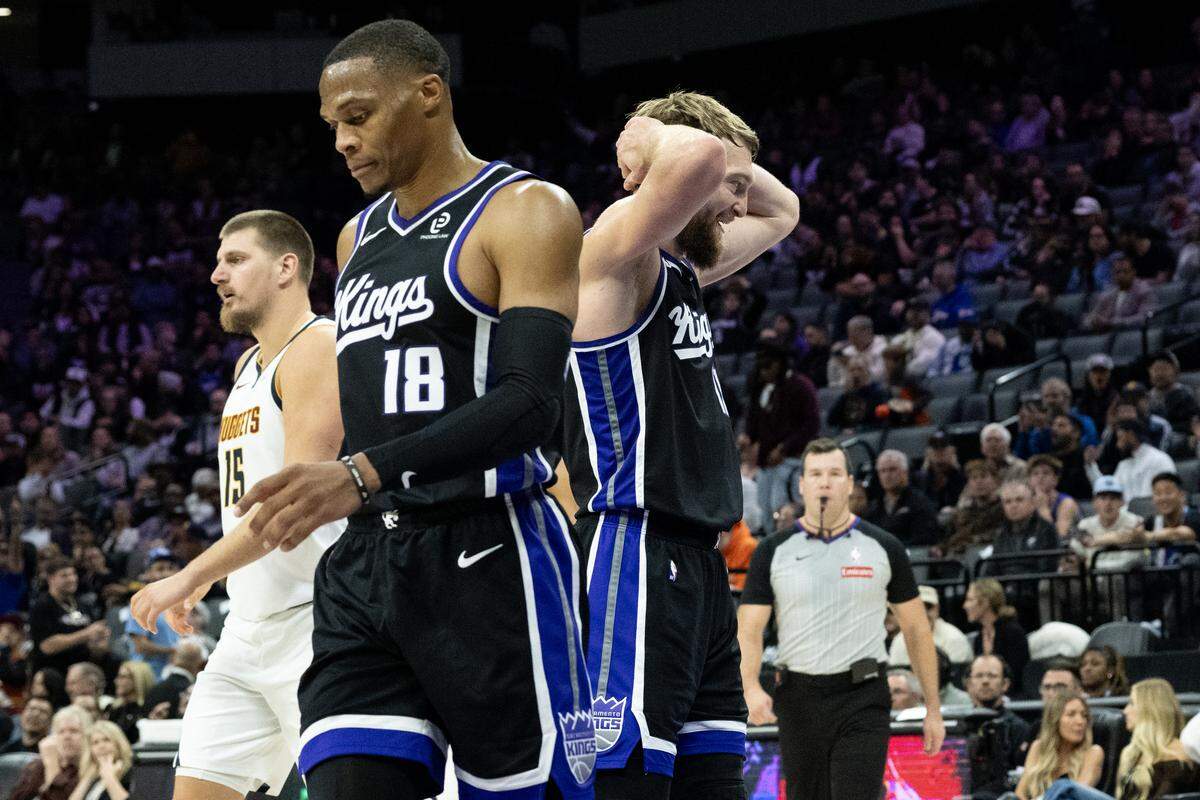 Sacramento Kings center Domantas Sabonis (11) reacts after he fouls out against Denver Nuggets forward Aaron Gordon (not pictured) during a game at the Golden 1 Center on Tuesday in Sacramento.