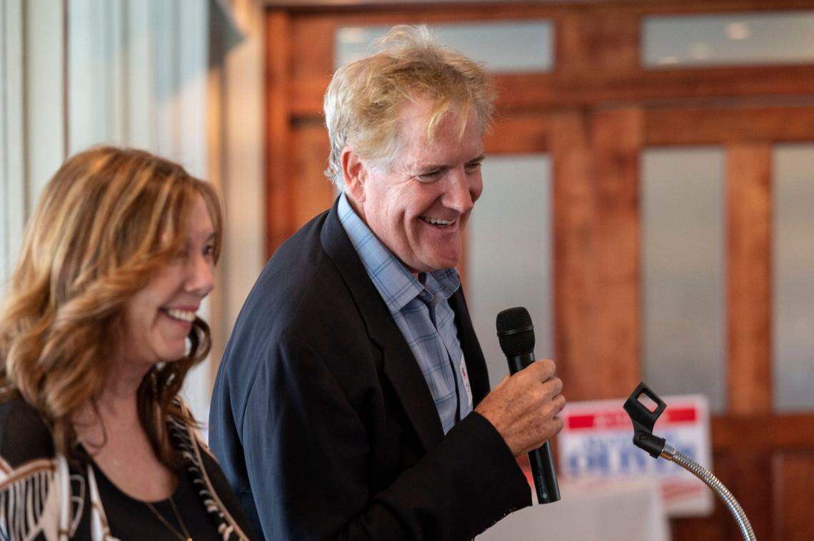 Dry Creek School Board candidate Jon Fenske, right, speaks at a South Placer Republican Women’s Federation event at Roseville’s Sierra View Country Club in September.