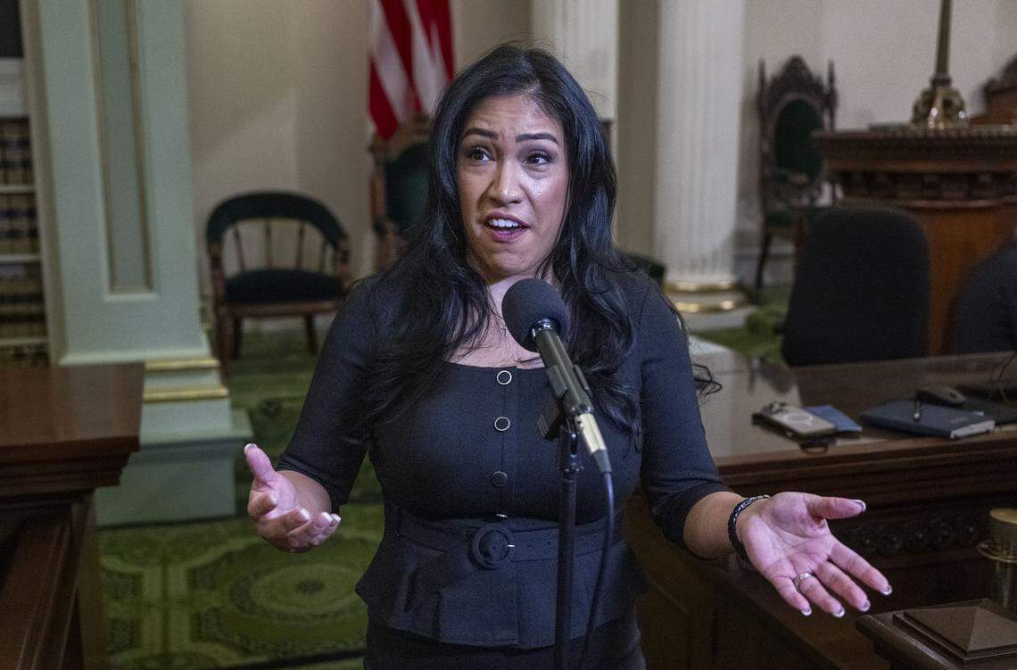 State Sen. Suzette Martinez Valladares, R-Acton, speaks about Gov. Gavin Newsom’s final State of State address at the State Capitol on Thursday.