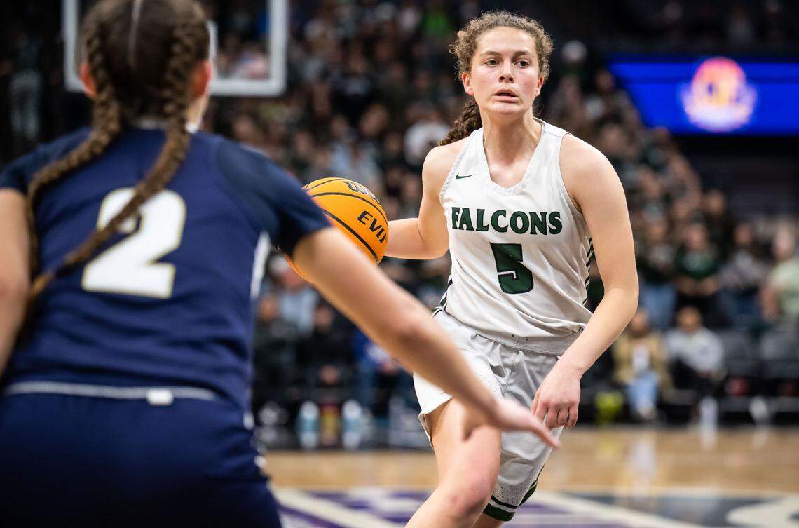 Colfax Falcons guard Kaia Diederichs (5) dribbles downcourt during the CIF Division III high school girls basketball state final game in March at Golden 1 Center.