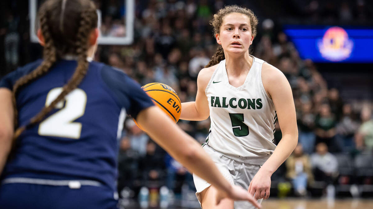 Colfax Falcons guard Kaia Diederichs (5) dribbles against Los Osos in the 2023 CIF Division III state final game at Golden 1 Center. The Falcons lost to Los Osos.