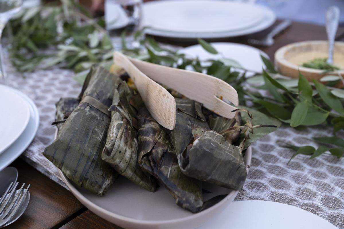 A dish of blue corn rabbit tamal is served during the Tower Bridge Dinner on Sunday, Sept. 7, 2025.