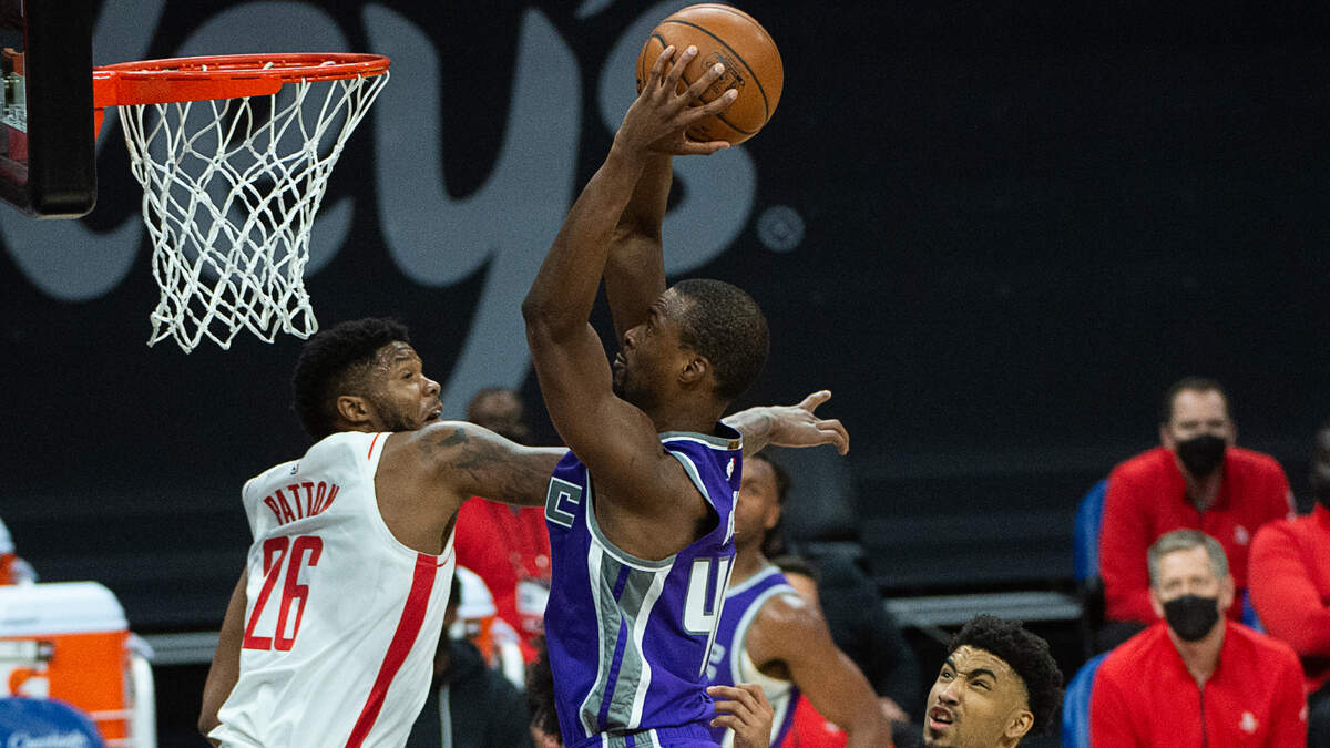 Sacramento Kings forward Harrison Barnes (40) scores over Houston Rockets center Justin Patton (26) in the fourth quarter during a game at Golden 1 Center on Thursday, March 11, 2021 in Sacramento.