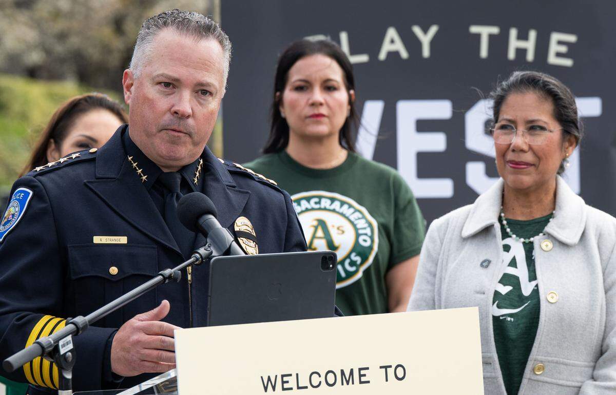 West Sacramento Police Chief Rob Strange speaks during a press conference at Sutter Health Park on Thursday to officially welcome the Athletics to West Sacramento and celebrate the coming Opening Days for the River Cats and the A’s.